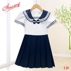 Đầm liền đồng phục cho bé gái đi học, tùng xếp ly và tùng xéo, có dây thắt lưng và khóa kéo