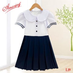 Đầm liền đồng phục cho bé gái đi học, tùng xếp ly và tùng xéo, có dây thắt lưng và khóa kéo