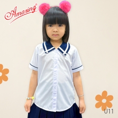 Áo trắng bé gái cổ lá sen, đồng phục đến trường, vải kate silk thấm hút mồ hôi