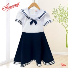 Đầm liền đồng phục cho bé gái đi học, tùng xếp ly và tùng xéo, có dây thắt lưng và khóa kéo