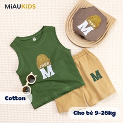 Bộ ba lỗ bé trai cotton in chữ M cá tính quần áo trẻ em mát mịn
