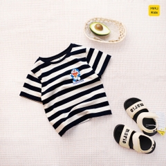 Áo phông bé trai hoạ tiết Sọc logo Doraemon đáng yêu chất thun cotton thoáng mát mềm mịn cho bé mặc nhà đi học đi chơi