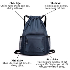 Balo dây rút thể thao chống nước, có ngăn đựng bóng, sức chứa lớn