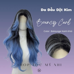 Tóc Giả Mỹ Nhi Bouncy Curl Xoăn Bung Mái Bay Màu Tóc Balayage Xanh Khói x-3d-0204 Da Đầu 3D Kết Hợp (phân khúc DÁN KEO)