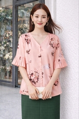 Áo Katosa 1 Màu Tay Áo Dập Ly Phối Họa Tiết-KTS2300104A