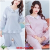 Đồ ngủ nữ tay dài - Đồ bộ mặc nhà quần dài chất cotton crepe nhẹ mát phối ren cổ bèo công chúa MÀU xanh và hồng