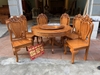 Bộ bàn ghế ăn tròn gỗ gõ đỏ 6 ghế hoa lá tây ván tràn, mâm xoay