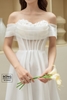 Váy cưới phi nhật trễ vai organza trắng hoa ngực HCD062