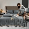 Bộ Chăn Ga Gối Lụa Cao Cấp Màu Xám Đậm Thêu Chữ H Luxury Life Mềm Mịn Sang Trọng - LXR01