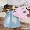 Set sơ mi bèo Min+ quần bò bé gái ( trắng 18-28kg, hồng 12-28kg)