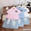 Set sơ mi bèo Min+ quần bò bé gái ( trắng 18-28kg, hồng 12-28kg)