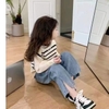 Áo sơ mi phối len kẻ ngang màu be style Hàn bé gái
