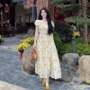Đầm Voan Tơ Hoa Vàng Dáng Dài Tay Phồng Nhẹ Nhàng Cho Nữ. Women Dress