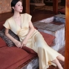 [NEW ]Váy Lụa Linen Dáng Dài (132cm) Cổ V Sang Chảnh Nữ Tính cho Phong Cách Thời Trang Hiện Đại ( Tặng kèm nơ )