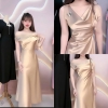 Đầm Lụa Lệch Vai Cột Nơ Sang Trọng ANNIE- A-0143 - Màu đen ( Tặng kèm ghim cài )