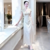 [ New Dress] Váy Lụa Kem Chấm Bi Dáng Dài Cổ V Sang Chảnh Nữ Tính - Chất Liệu Lụa Kem Cao Cấp Kiểu Dáng Dài Cổ V Phù Hợp Dịp Đặc Biệt Size S M L XL Chiều Dài 132cm
