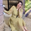 Đầm Voan Hoa Ánh Kim Cao Cấp Tay Dài, Thanh Lịch.  A-0116. Women Dress
