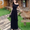 - Đầm thun dáng dài ( 127cm) tặng cài nơ lệch vai bèo thắt nơ eo vải thun tăm lạnh dày dặn cao cấp