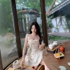-[ New Arrival] Đầm lụa dáng ngắn ( 76cm) xoè nhẹ 2 bảng dây gợn sóng xinh xắn , tôn dáng , vải mịn mát, nhẹ nhàng nữ tính