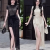 -Đầm Body Ren Thêu Cao Cấp Xẻ Tà Sang Trọng - Tặng Cài Đá ( Lót trong cùng màu đầm )