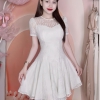 Đầm ren xoè dáng ngắn cổ tròn A-0159 nhũ ánh kim cao cấp - Ren trắng ( Tặng kèm tag cài)