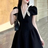 Đầm Cổ V Phối Nơ Thanh Lịch. A-0128. Women Nữ Dress