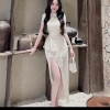 -Đầm Body Ren Thêu Cao Cấp Xẻ Tà Sang Trọng - Tặng Cài Đá ( Lót trong cùng màu đầm )