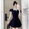 - Đầm Đen dáng ngắn (85cm)cổ kết hạt ngọc cao cấp tùng xoè đính nơ , tặng nút cài