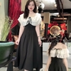Đầm Lụa Đen Thiết Kế Trễ Vai Phối Voan Sang Trọng. A-0127. Nữ. Women. Dress. Voi Nhung