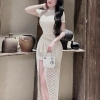 -Đầm Body Ren Thêu Cao Cấp Xẻ Tà Sang Trọng - Tặng Cài Đá ( Lót trong cùng màu đầm )