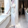 [ New Dress] Váy Lụa Kem Chấm Bi Dáng Dài Cổ V Sang Chảnh Nữ Tính - Chất Liệu Lụa Kem Cao Cấp Kiểu Dáng Dài Cổ V Phù Hợp Dịp Đặc Biệt Size S M L XL Chiều Dài 132cm