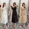 Set Áo Tay Phồng Xếp Ly Ngực Phối Chân Váy A Thanh Lịch. Nữ Women. A-031. Đen