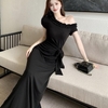 - Đầm thun dáng dài ( 127cm) tặng cài nơ lệch vai bèo thắt nơ eo vải thun tăm lạnh dày dặn cao cấp