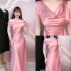Đầm Lụa Lệch Vai Cột Nơ Sang Trọng ANNIE- A-0143 - Màu đen ( Tặng kèm ghim cài )