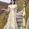 Đầm Voan Tơ Hoa Vàng Dáng Dài Tay Phồng Nhẹ Nhàng Cho Nữ. Women Dress