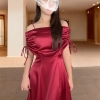 Đầm Lụa Trễ Vai Rút Dây Phom Dáng Dài Thanh Lịch Nữ Tính Lụa Tô Châu Mịn Mát Dày Dặn cho Phong Cách Sang Trọng