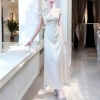 [ New Dress] Váy Lụa Kem Chấm Bi Dáng Dài Cổ V Sang Chảnh Nữ Tính - Chất Liệu Lụa Kem Cao Cấp Kiểu Dáng Dài Cổ V Phù Hợp Dịp Đặc Biệt Size S M L XL Chiều Dài 132cm