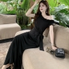 - Đầm thun dáng dài ( 127cm) tặng cài nơ lệch vai bèo thắt nơ eo vải thun tăm lạnh dày dặn cao cấp