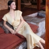 [NEW ]Váy Lụa Linen Dáng Dài (132cm) Cổ V Sang Chảnh Nữ Tính cho Phong Cách Thời Trang Hiện Đại ( Tặng kèm nơ )