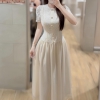 -Váy kem thiết kế dáng dài phối ren cao cấp đính nút , tùng váy voan mềm mịn , dự tiệc sang chảnh