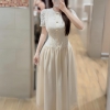 -Váy kem thiết kế dáng dài phối ren cao cấp đính nút , tùng váy voan mềm mịn , dự tiệc sang chảnh