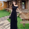 - Đầm thun dáng dài ( 127cm) tặng cài nơ lệch vai bèo thắt nơ eo vải thun tăm lạnh dày dặn cao cấp
