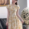 Đầm Voan Tơ Hoa Vàng Dáng Dài Tay Phồng Nhẹ Nhàng Cho Nữ. Women Dress