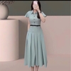 Đầm Cotton Lụa Cao Cấp Cổ Sơ Mi, Tùng Xếp Ly Xoè. Mã A-0122.