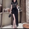 -Đầm Body Ren Thêu Cao Cấp Xẻ Tà Sang Trọng - Tặng Cài Đá ( Lót trong cùng màu đầm )