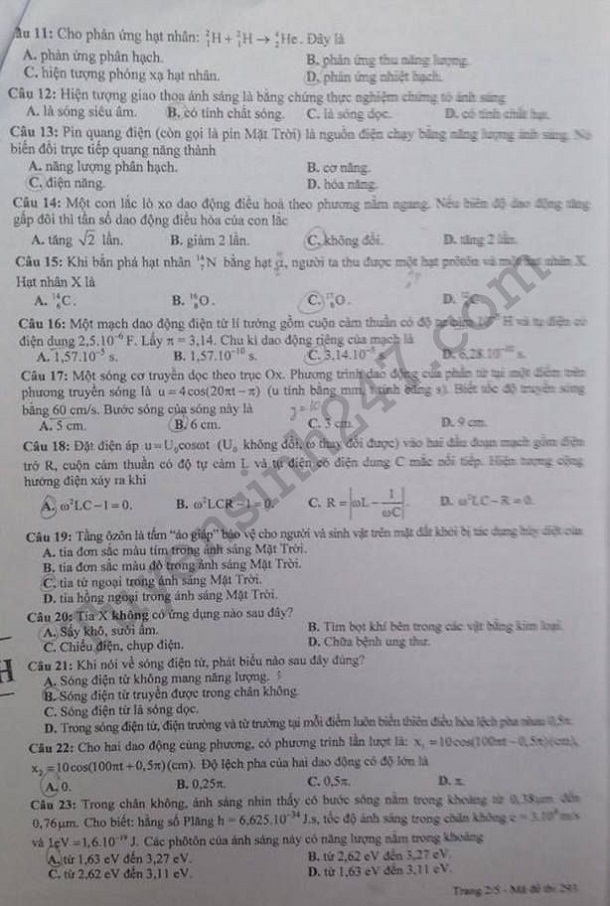 Đáp án đề thi THPT Quốc gia môn Vật lý 2016 mã đề 293 1