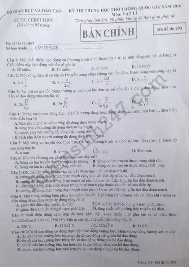 Đáp án đề thi THPT Quốc gia môn Vật lý 2016 mã đề 293