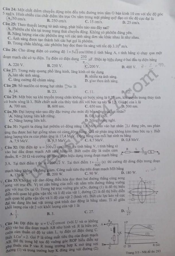 Đáp án đề thi THPT Quốc gia môn Vật lý 2016 mã đề 293 3