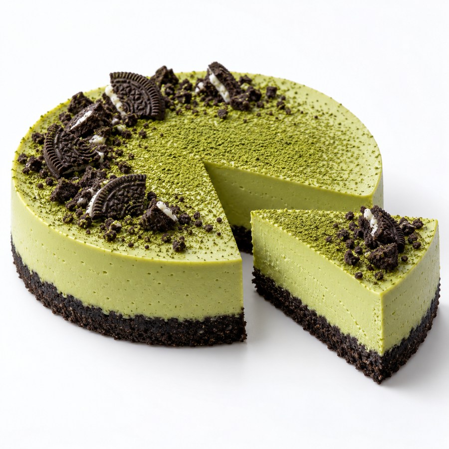 Bánh Matcha Oreo Cheesecake với đế Oreo và kem matcha mềm mịn