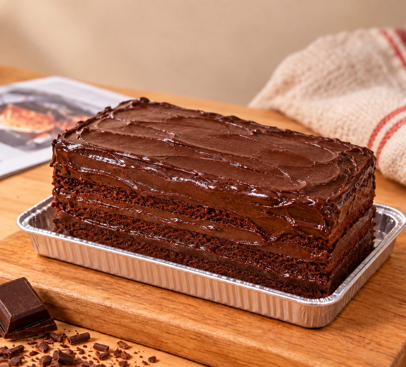 Bánh Matilda Chocolate Cake chữ nhật bản Cơ Bản trên một khay bạc